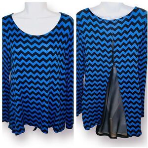 Shanley Chevron Mesh Back Casual Long Sleeve Top Hi Lo Hem Royal Blue Black M
